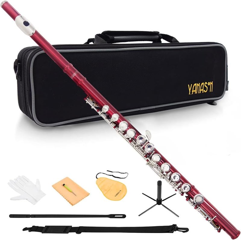 YANASON Red C Flute Closed Hole 16 Keys Flute Nickel-Plated for Beginner, Student and Professionals with Carrying case, Metal stand, Gloves, Tuning Rod, Cleaning kit(Red) - Image 1